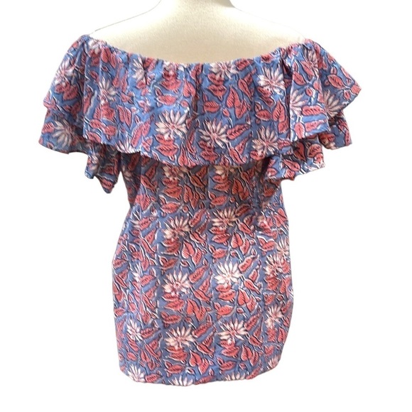 MILLE Block Print Floral Ruffle Shoulder Top SZ L Blue Pink - Picture 4 of 7